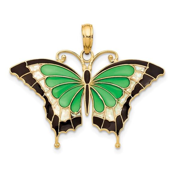 14k Yellow Gold & Green Translucent Acrylic Butterfly Pendant 30mm